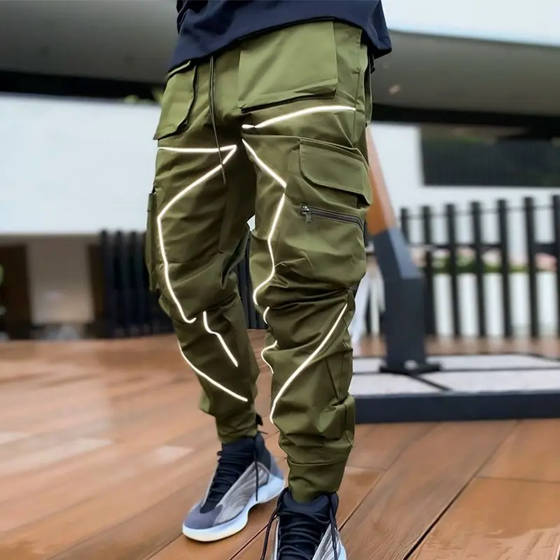 

Men's muscle sports casual pants Fashion reflective stitching pants