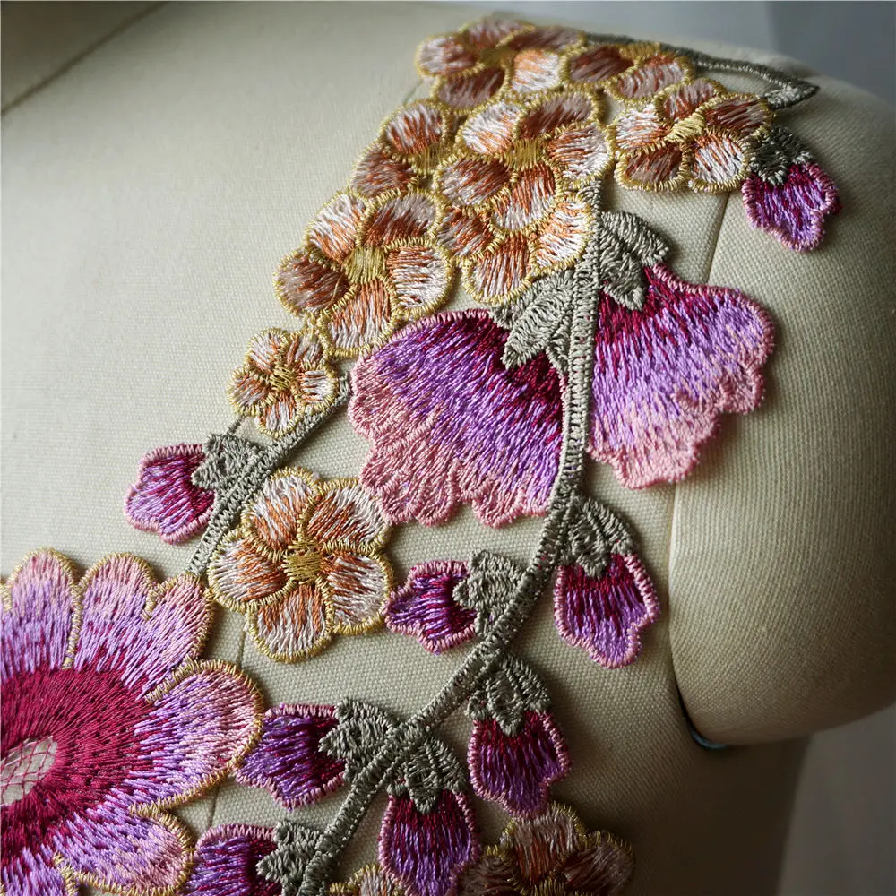 Pink Purple Flower Tassel Collar Embroidered Wedding Gown Appliques Lace Fabric Mesh Sew On Patches For Decoration Dress DIY | Дом и сад