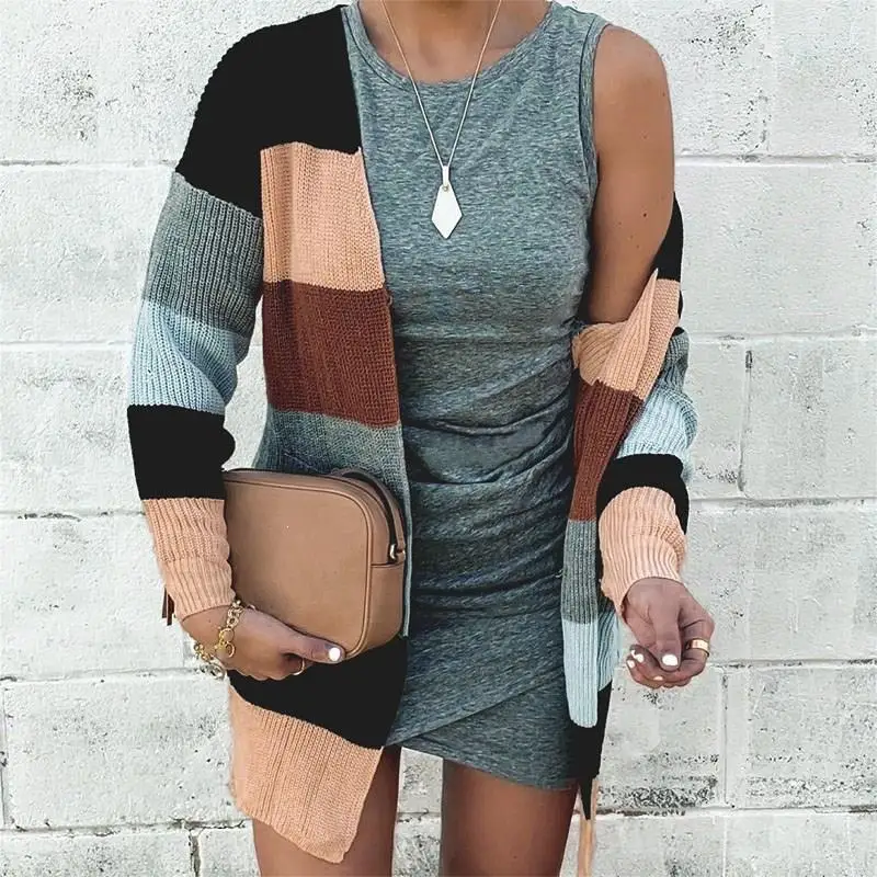 2019 Autumn Winter Hit Color Knitted Cardigans Open Stitch Female Long Sleeve Patchwork Front Striped Sweater Women Coat |
