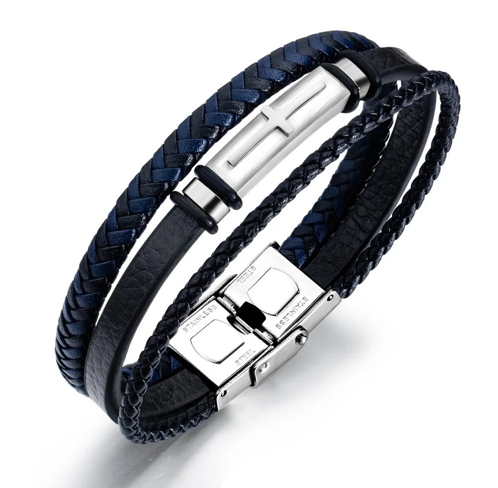 

FATE LOVE Fashion Jewelry Trendy Classic Black PU Leather Male Men Statement Cross Wrap Bracelet Bangles Christian Wristlet