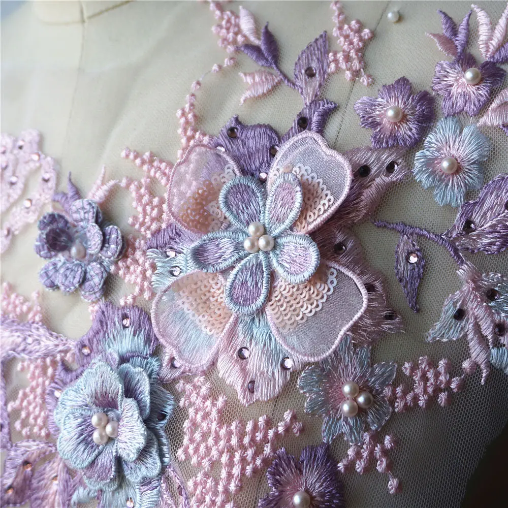 Фиолетовые 3D Цветочные кружевные тканевые бусины вышитая стразами Аппликация