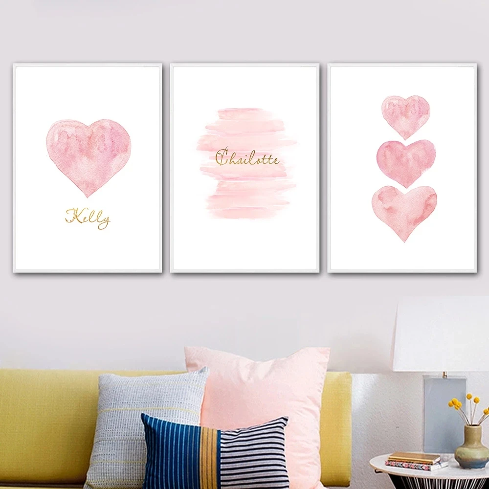 Custom Name Posters Pink Heart Butterfly Wall Art Print Nordic Canvas Painting Nursery Pictures for Girl Baby Room Cuadros Decor on - Настенная картина Nordic Canvas с изображением розового сердца и бабочек с именем на заказ для детской комнаты девочки Cu