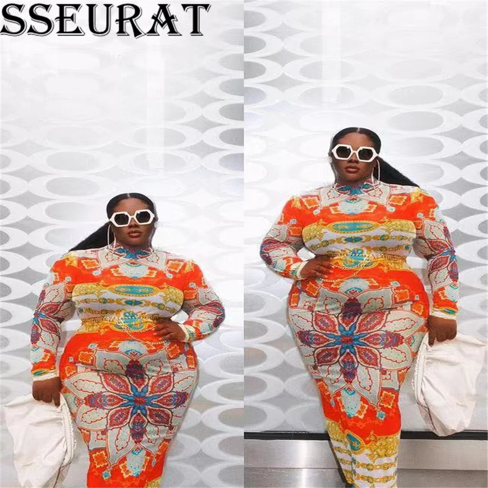 

SSEURAT Women Plus Size Dress 2021 Autumn Vintage Print Bodycon Pencil Midi Dresses Vestidos