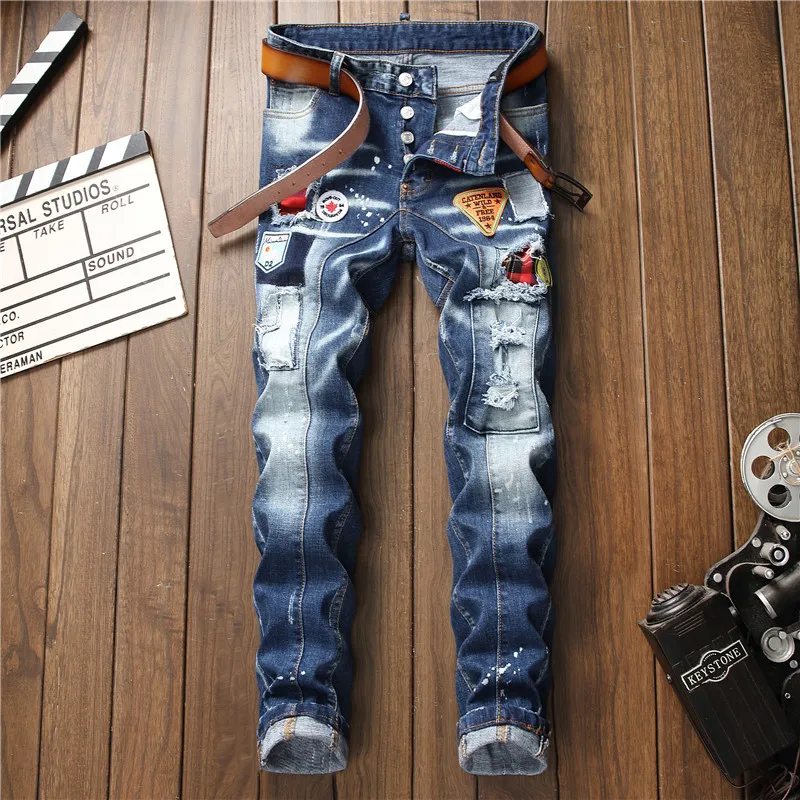 

CNUUIKOOEK Men's New Style Tattered Paint Splattered Joint Slim Fit Elasticity Jeans Blue Embroidered Trousers