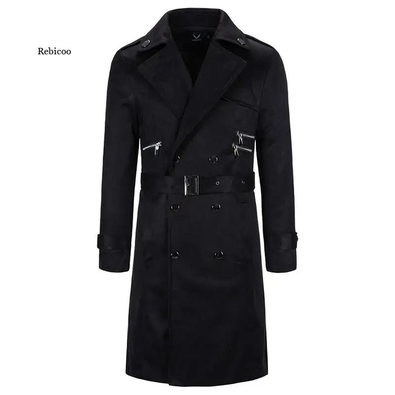 New Men Coat Long Trench British Style Double Breasted Pea Coat Men Fashion Sashes Windbreaker Men Jacket Overcoat