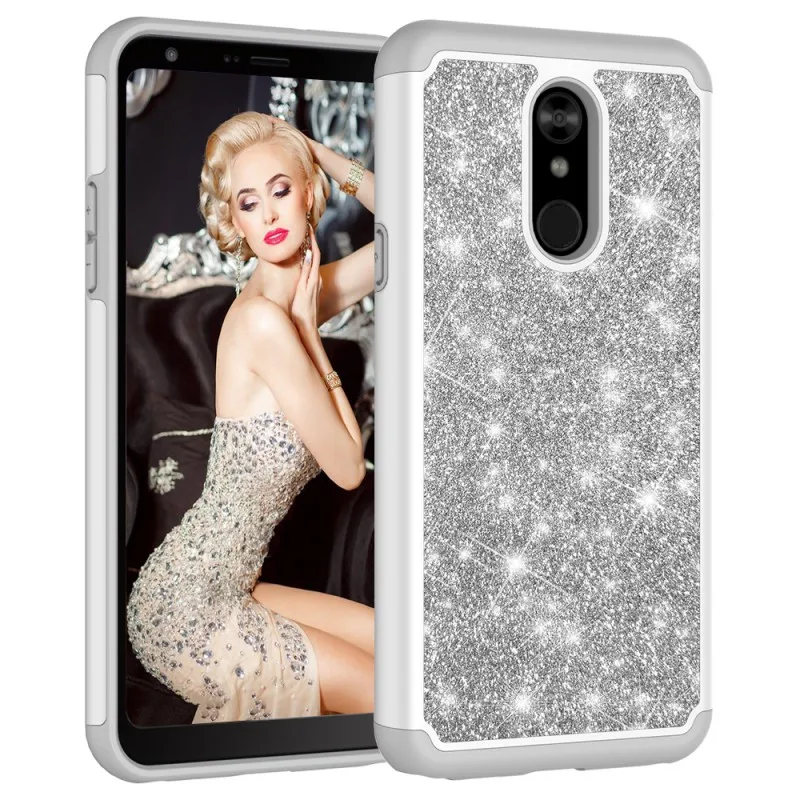 Silver Блестящий чехол для LG Stylo 5 4 G8 G7 V40 Q7 ThinQ Q Stylus 4 Bling двухслойный тяжелый ударопрочный чехол для девочек для LG K40 K8 K10 - Цвет: Silver