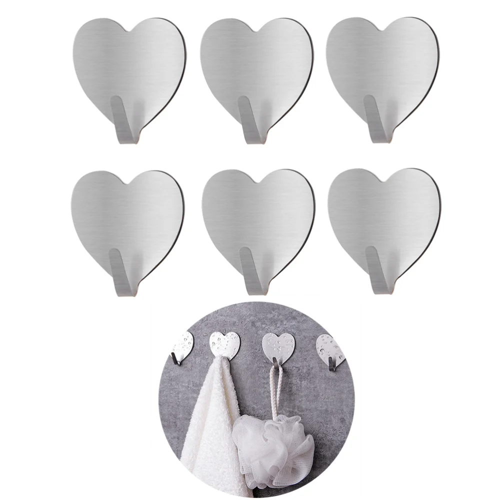

6pcs Household Simple Sticky Hook Love Heart Shaped Stainless Steel Hook Decoration