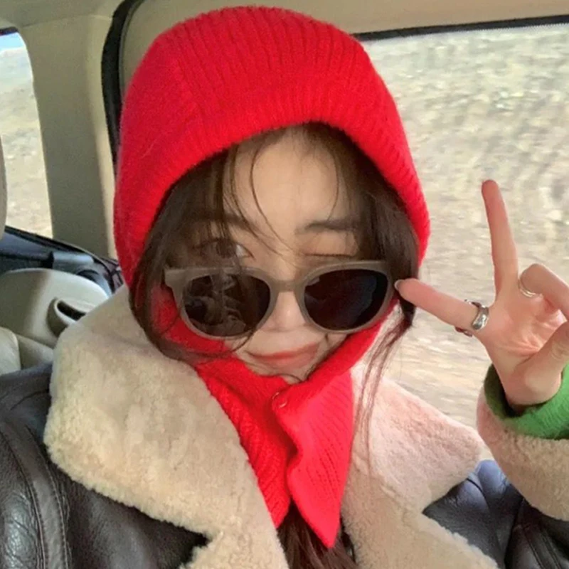 

Chic Buttons Balaclava Women Winter Hat Soft Knitted Cozy Hooded Neck Collar Cap Head Fashion Beanie Hat Warm Unisex Bonnet 2022