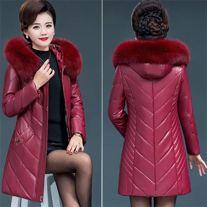 Middle Old Age Down Cotton Leather Coat Women Wine Red L-7XL 2021 Winter New Fashion Thick Warmth Fur Hooded Faux Leather Jacket enlarge