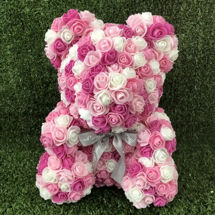 35cm Rosy Pink White Искусственные цветы Роза медведь многоцветный пластик пена роза цветок плюшевый медведь День Святого Валентина подарок День Рождения Вечеринка весеннее украшение - Цвет: 35cm Rosy Pink White