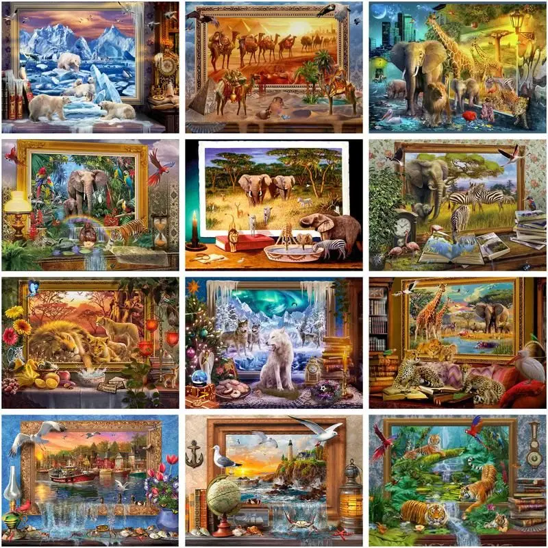 

CHENISTORY Painting By Number Wall Frame Animal Kits Handpainted Diy Tiger Giraffe Elephant Coloring On Canvas Home Decoration