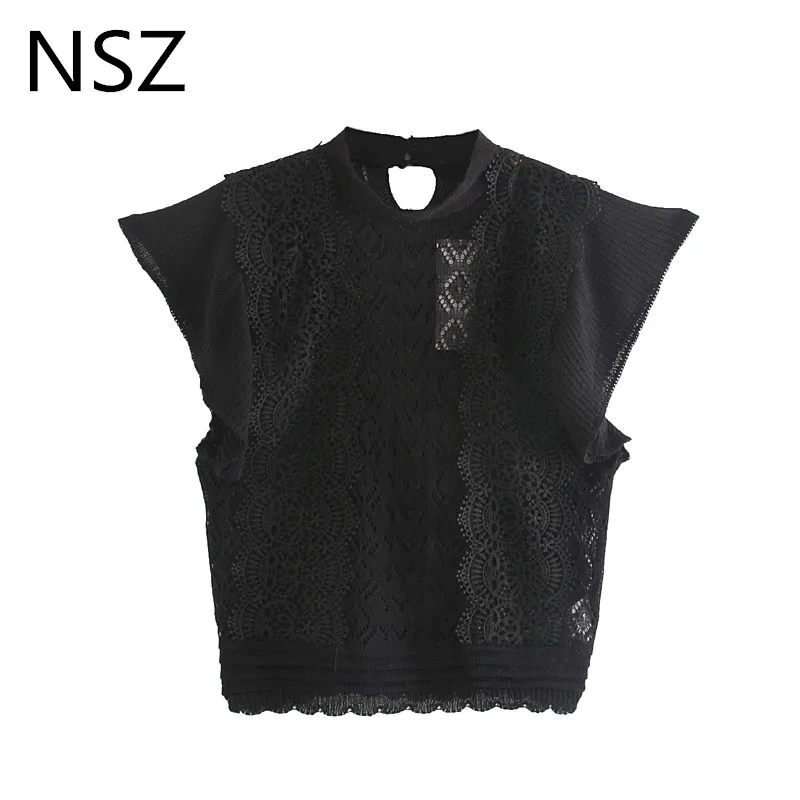 NSZ Женская кружевная рубашка короткий рукав трикотажная футболка обрезанный Топ