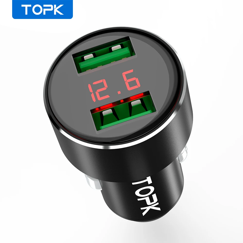 Автомобильное зарядное устройство TOPK с двумя USB портами и цифровым дисплеем для