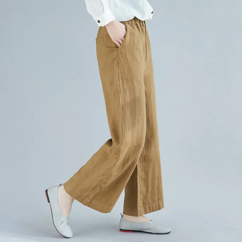 Spring and summer 2020 new solid color large size cotton and linen wide-leg pants women