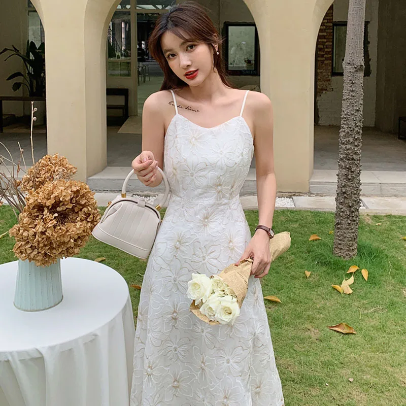 

2021 Summer Korean Embroidery Sexy Appointment Elegant Chic Midi Dress Women French V-Neck Vintage Sweet Fairy Sling White Dress