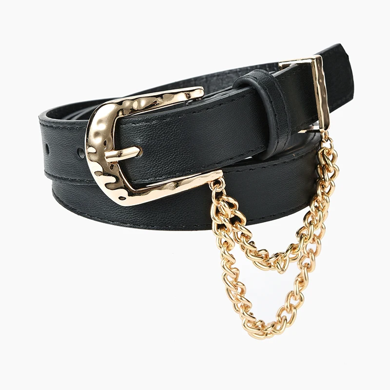 ZLY 2021 New Fashion Belt Men Women Unisex Punk Style Chains Decorate PU Leather Material Metal Alloy Pin Buckle Waist Band Belt