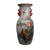 chinese old porcelain crack glazed rooster painting binaural vase