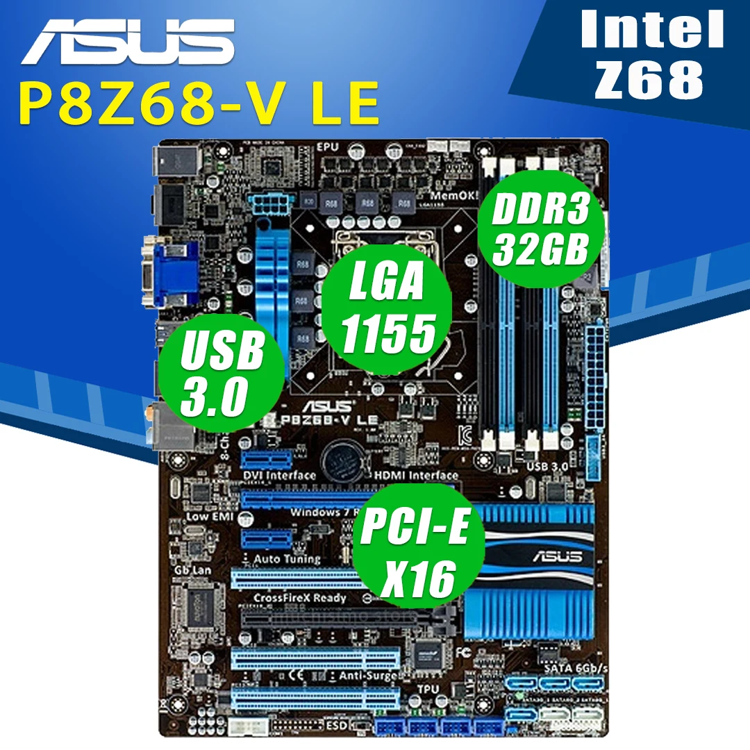 

Материнская плата LGA 1155 Asus P8Z68-V LE Core i7/Core i5/Core i3 32 Гб USB2.0, оверлочный настольный компьютер Intel Z68, подержанная Материнская плата 1155 ATX