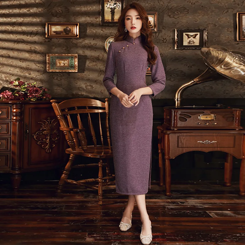 FZSLCYIYI элегантный китайский традиционный Женский вязаный Cheongsam Винтажный