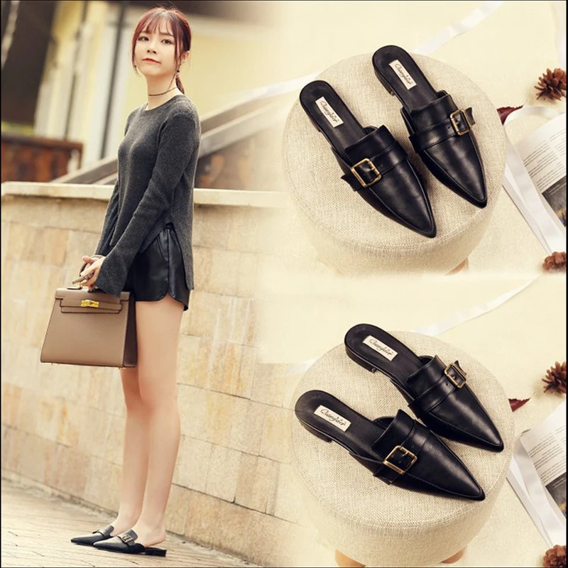 Мюли женские с пряжкой из ПУ кожи заостренный носок плоская подошва полутапочки