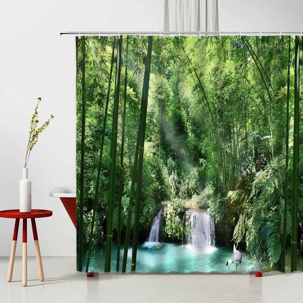 

Natural Landscape Shower Curtains Summer Forest High Mountain Blue Sky Cloud Waterfall Bathroom Decor Waterproof Cloth Curtain
