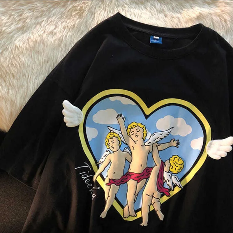 

women's t-shirt Street little angel love short-sleeved T-shirt women Harajuku style loose top Kawaii Female clothing vintage y2k