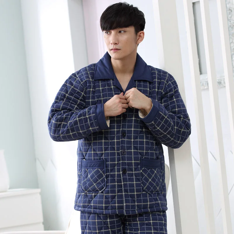 Men Blue Plaid Pajama Set Winter 3 layer Quilted Pyjamas Suits Thick Cotton Warm Sleepwear Night Suit Big Size Lounge Nightwear