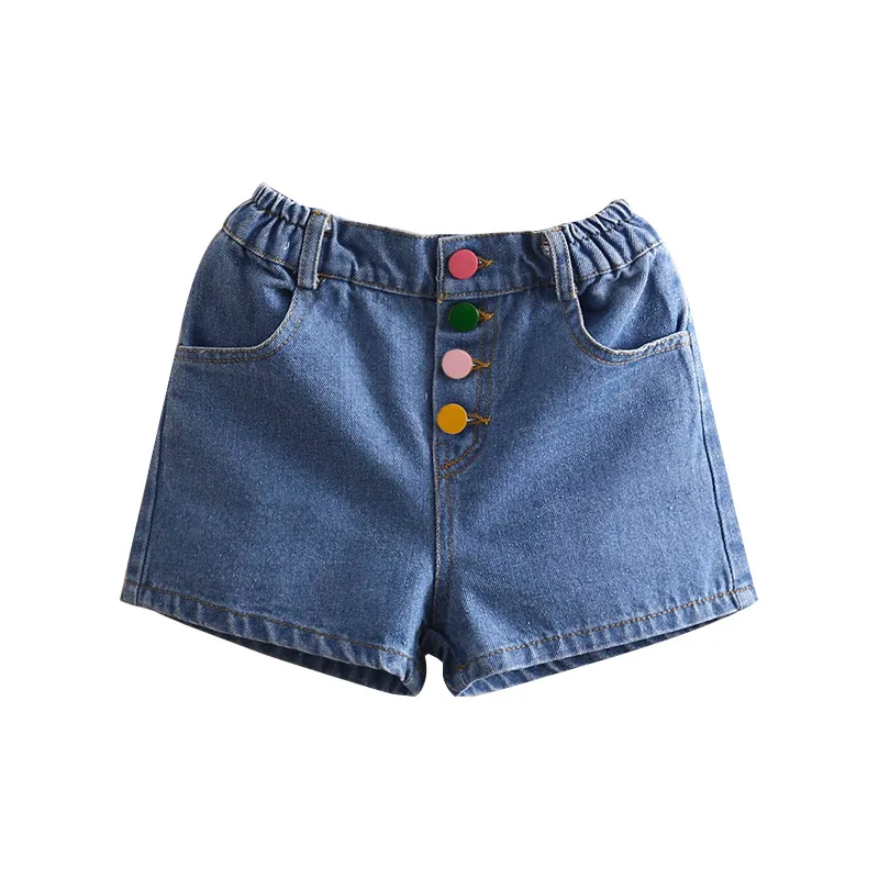 

2021 Summer Casual Child Baby Cotton Pocket Colorful Buttons Denim Blue Shorts For Kids Girls