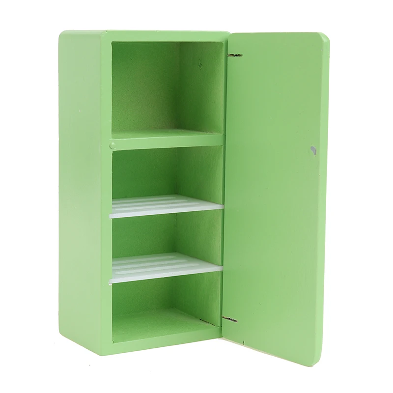 

1:12 Dollhouse Miniature Furniture Green Theme Wooden Vintage Fridge For Kitchen Or Dining Room Doll House Decoration