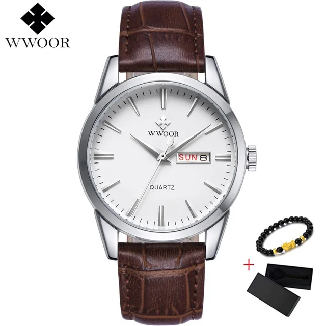 Silver White Роскошные мужские часы с датой на день, мужские кожаные спортивные часы, мужские повседневные кварцевые наручные часы WWOOR, часы в бесплатной коробке - Цвет: Silver White