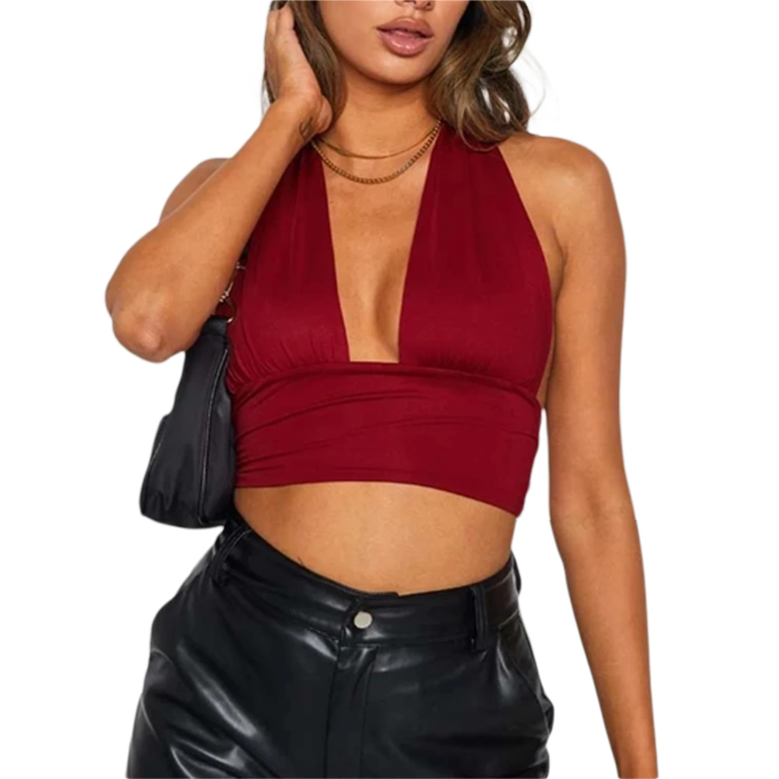 

Women's Halter Crop Tank Tops,Female Fashion Sleeveless Backless Solid Color Tie Knot Camisole for Summer