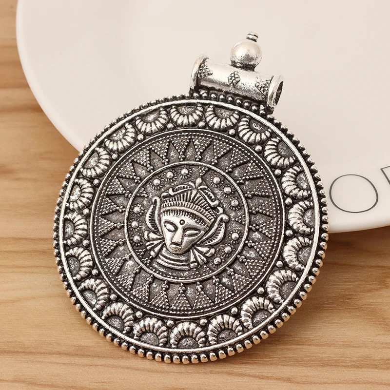 

2 Pieces Tibetan Silver Tribal Large Bohemia Medallion Round Charms Pendants for Necklace Jewellery Making Findings Accessories