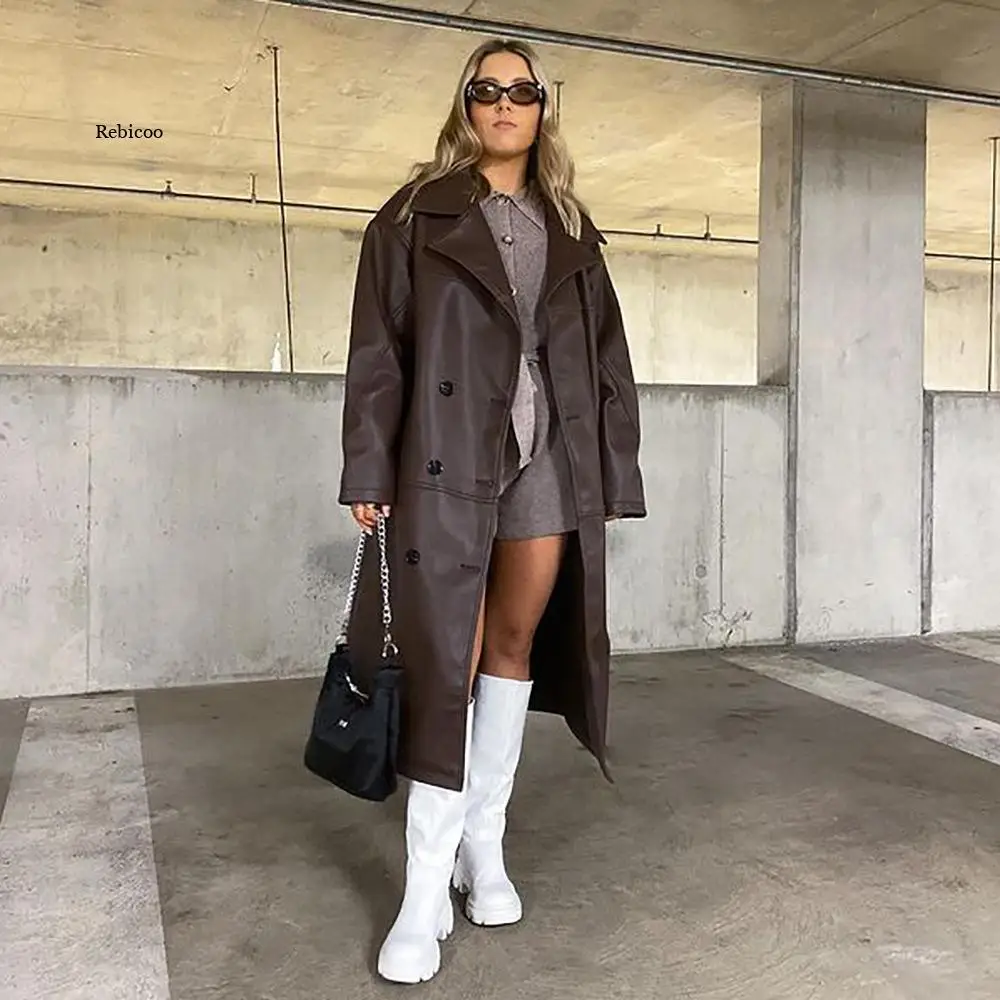 

Женская осенне-зимняя Коричневая длинная ветровка из искусственной кожи однотонная куртка с отворотами и карманами Женская куртка