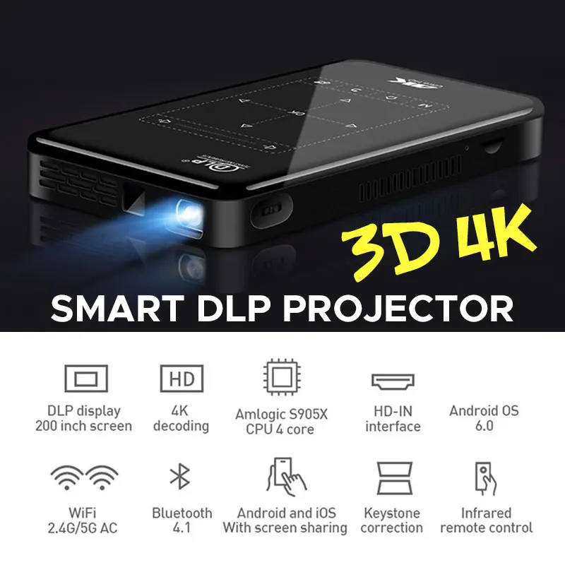 4K Мини проектор Android 6 0 интеллектуальный DLP (RAM1G + ROM8G) WIFI Bluetooth4.1 для домашнего
