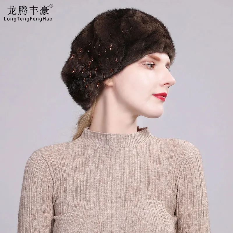 Pearl Pendant Decorated Real Full Leather Mink Fur Hat Winter Ladies Beret Elegant New Fashion Models Thick Warm Fur Hat