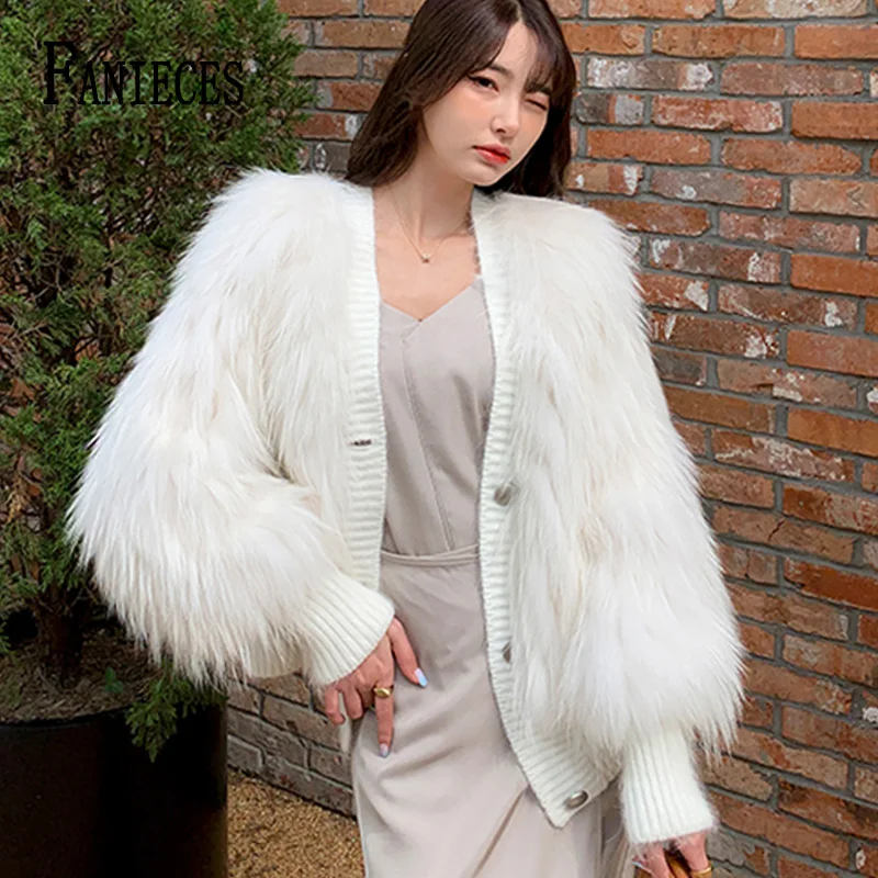 

FANIECES Winter Luxury Faux Fur Short Coat Women Long Sleeve Fluffy Warm Coat Jacket Patchwork Imitation Fox Fur Overcoat