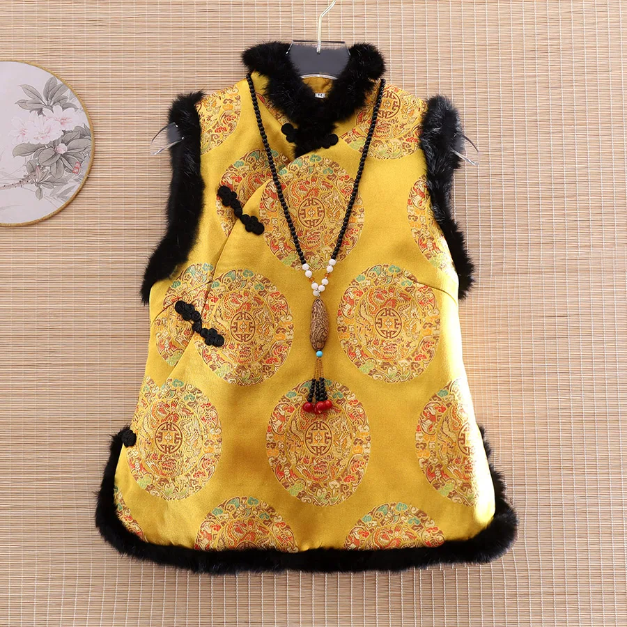 

High-end Winter Women Cotton Vest Top Stitching Rabbit Hair Chinese Style Retro Jacquard Elegant Lady Vest Warm Female S-XXL