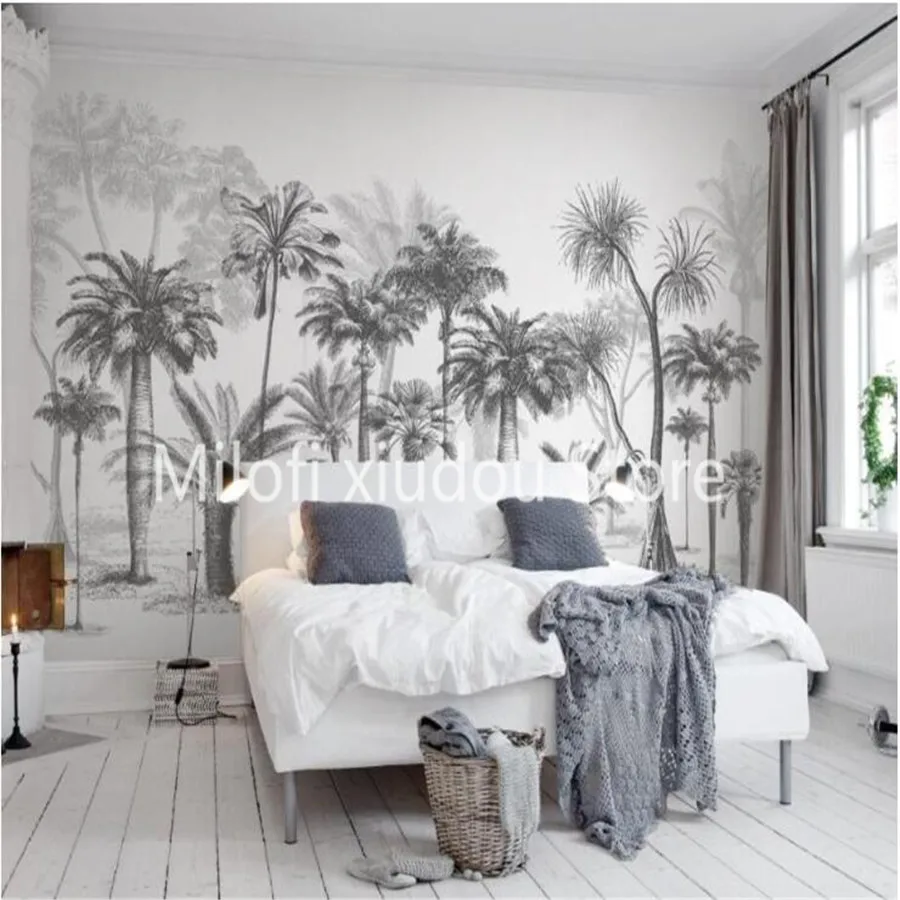 

Milofi custom 3D wallpaper mural black and white sketch tropical rainforest coconut tree living room bedroom background wall dec