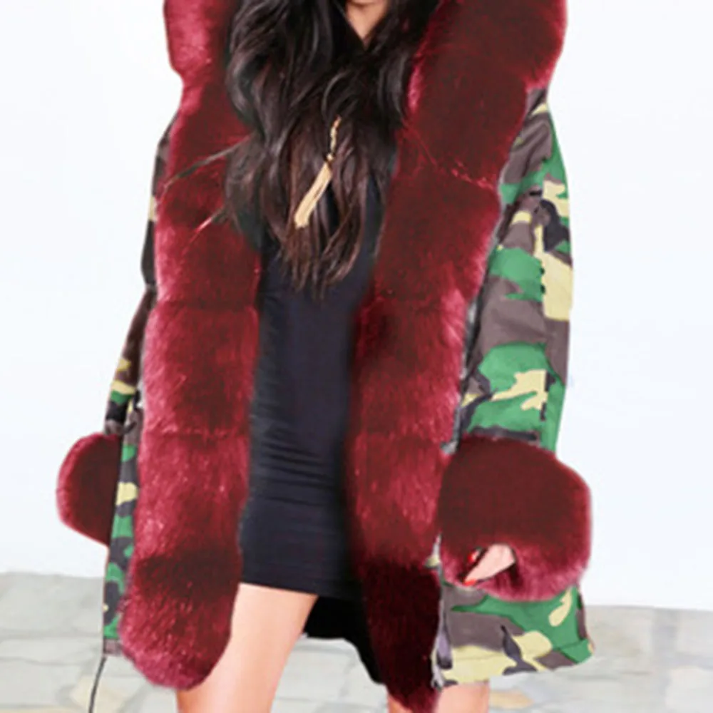 Камуфляжное пальто большого размера с искусственным мехом зимнее плотное теплое