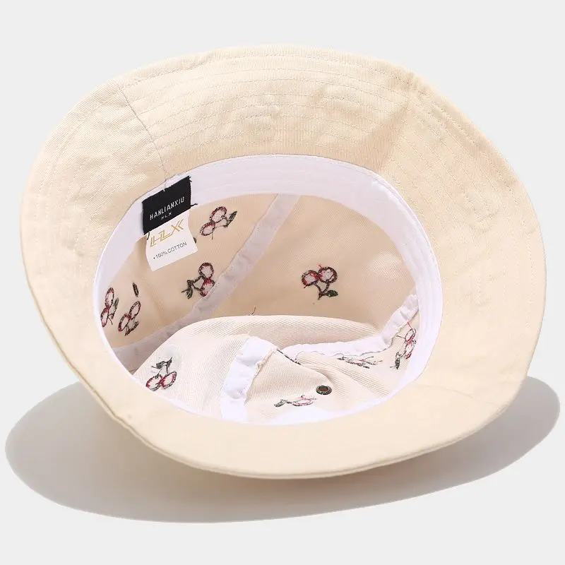 

New Cherry Bucket Hat Fruit Embroibery Fisherman Hat Foldable Panama Bob Summer Hat Cotton Cute Sun Cap For Women Girl