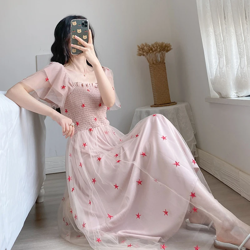 

2021 New Summer Dresses For Women Embroidered Vintage Party Women Dress Elegant Butterfly Sleeve Mesh Sexy Dress Women Vestidos