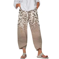 stylish flower print sweatpants loose women elastic waist wide leg pocket ninth length harem pants streetwear for daily life