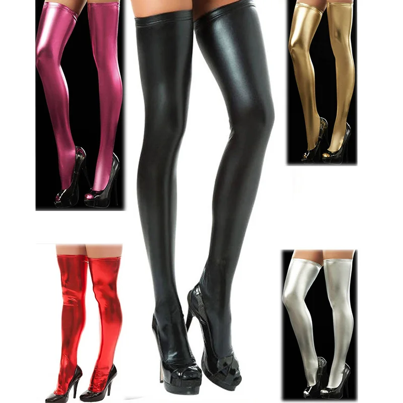 Черные чулки из искусственной кожи Соблазнительные до бедра гольфы колена
