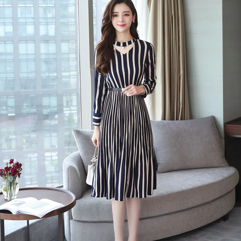 Новинка 2019 весенне-осеннее корейское винтажное платье в полоску v-образный вырез