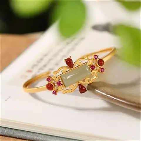 

New S925 Sterling Silver Gilding Southern Red Agate Hetian Jade Gray Jade Bracelet Personality Hollow out Pattern Women's Bracel