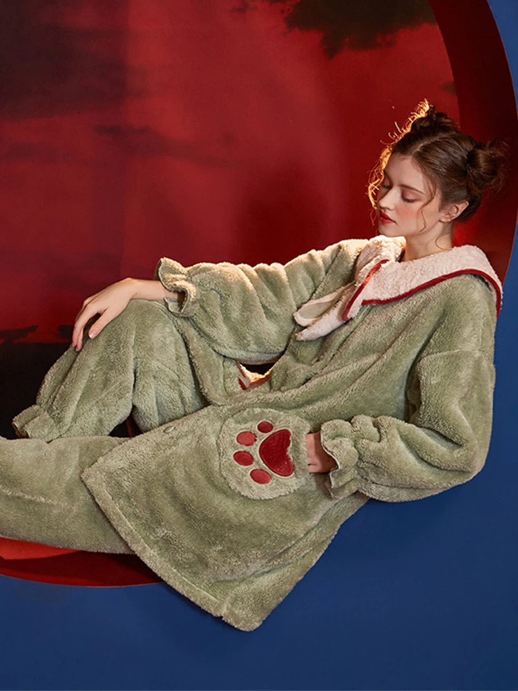 Winter Warm Pyjamas Women Plus Size Pajamas Set Woman Sexy Pajamas Sleepwear For Women long Sleeve Nightwear Long Pant Robes