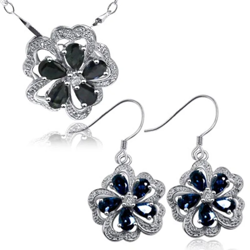 Комплект ювелирных изделий из серебра 925 пробы кулон в форме цветка с голубым