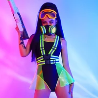 nightclub gogo dance costume women sexy dj clothing fluorescent green stripes bodysuit rave party outfits stage costume bl5843