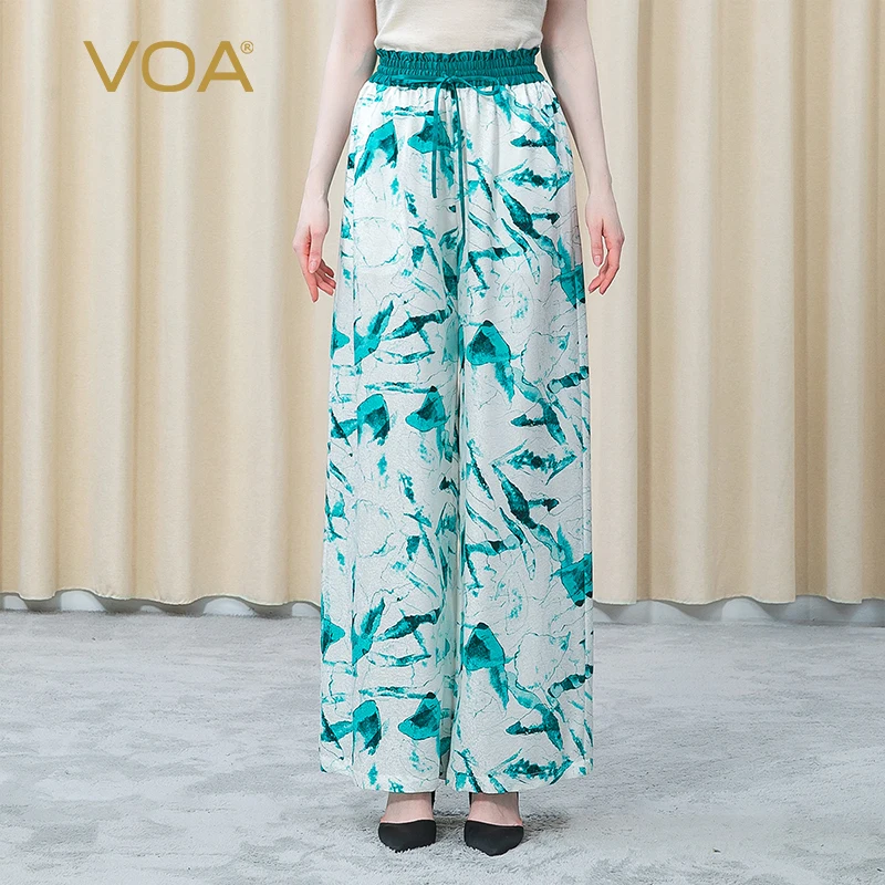 

VOA Silk Jacquard Wide-leg Pants Women KE369 Office Lady Edible Tree Fungus Elastic Waist Full Length Trousers Summer 2022