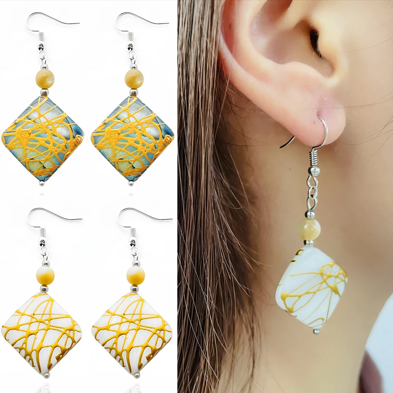 Богемные квадратные серьги из натурального камня ракушки для женщин ручной